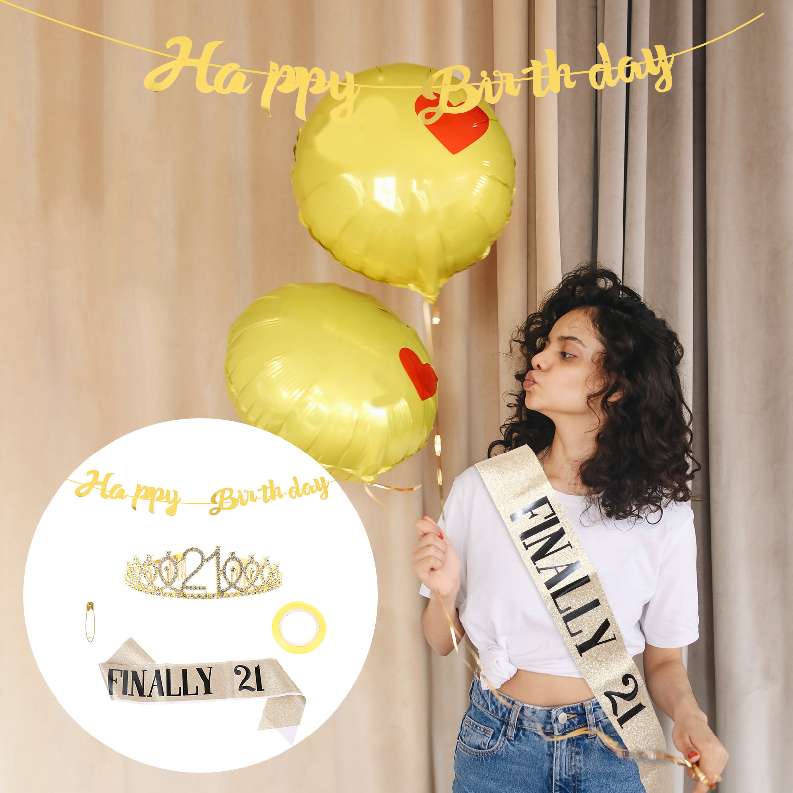 Birthday Sash Glitter - 1Set Mahkota Ulang Tahun Berkilau Emas,